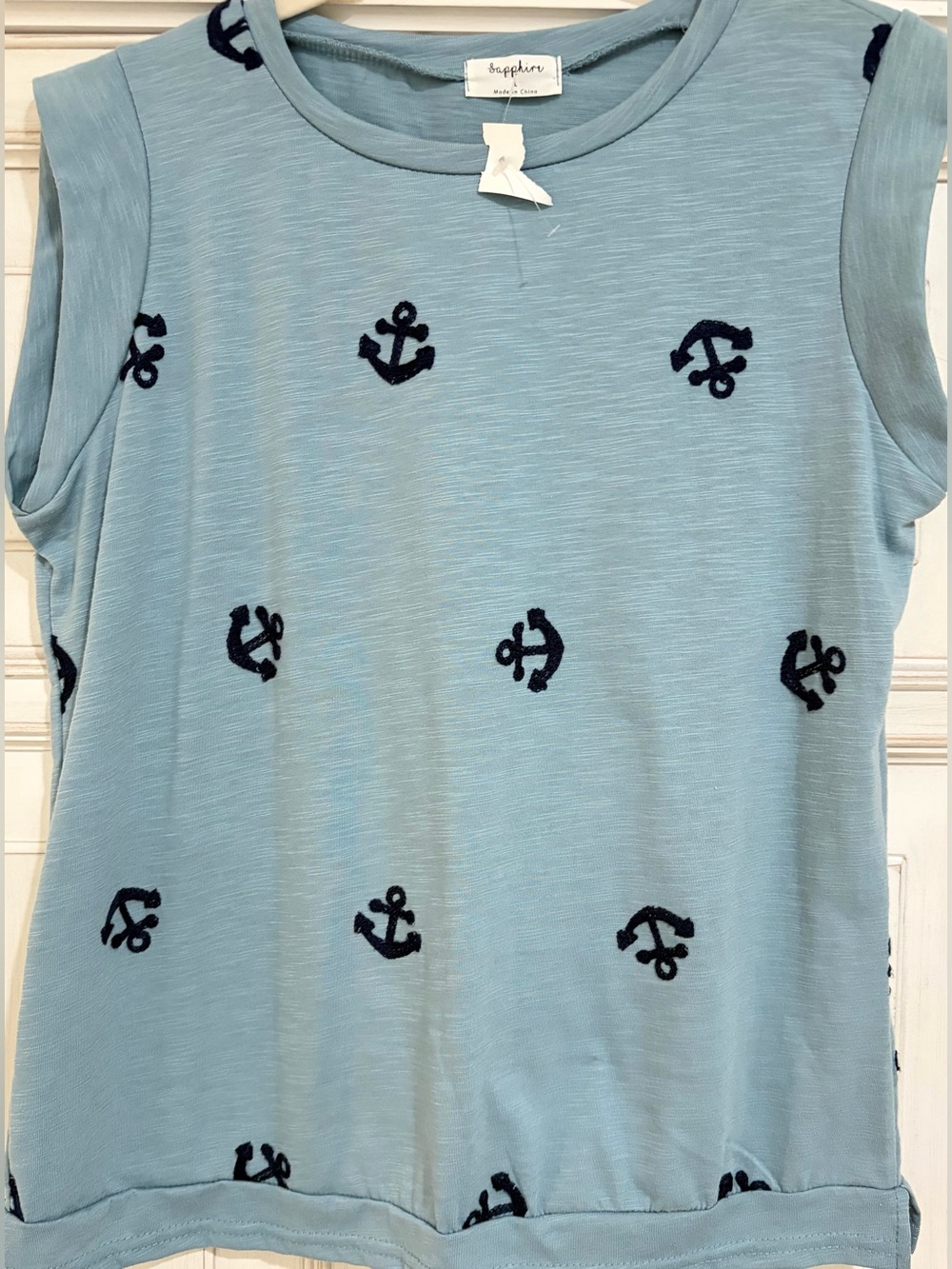 NWT SZ L Sapphire Light Blue Sleeveless Anchor-Pattern Top